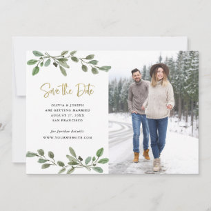 Eenvoudige Waterverf Groenelementen en Gouden Foto Save The Date