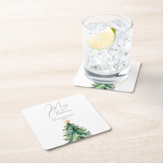 Eenvoudige Waterverf Kerstboom Vrolijk Kerstfeest Kartonnen Onderzetters (Insitu)