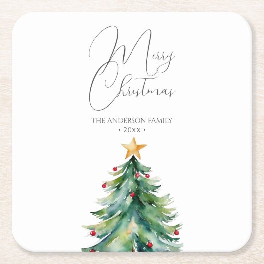 Eenvoudige Waterverf Kerstboom Vrolijk Kerstfeest Kartonnen Onderzetters (Voorkant)