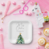 Eenvoudige Waterverf Kerstboom Vrolijk Kerstfeest Papieren Bordje (Feest)