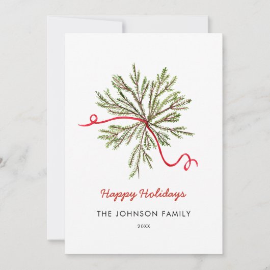 Eenvoudige waterverf kerstgroen met rode strik aankondiging (Voorkant)