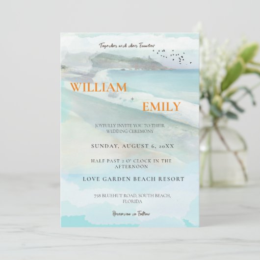 Eenvoudige Waterverf Kuststrand bruiloft uitnodigi Kaart (Staand voorkant)
