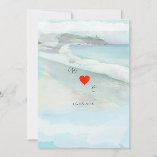 Eenvoudige Waterverf Kuststrand bruiloft uitnodigi Kaart (Achterkant)