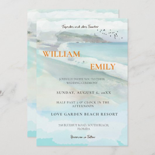 Eenvoudige Waterverf Kuststrand bruiloft uitnodigi Kaart (Voorkant / Achterkant)