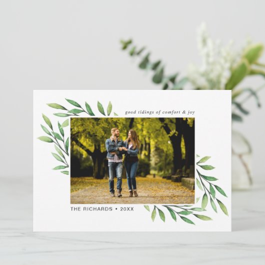 Eenvoudige Waterverf laat een moderne foto achter Feestdagenkaart (Staand voorkant)