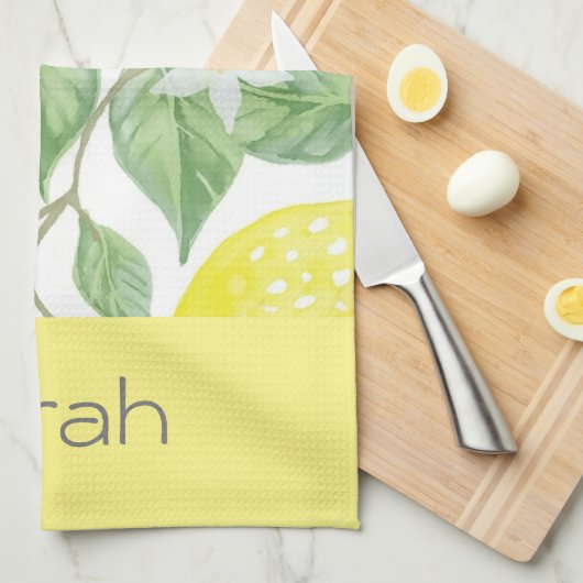 Eenvoudige Waterverf Lemon laat Geel Monogrammen Theedoek (Quarter Fold)