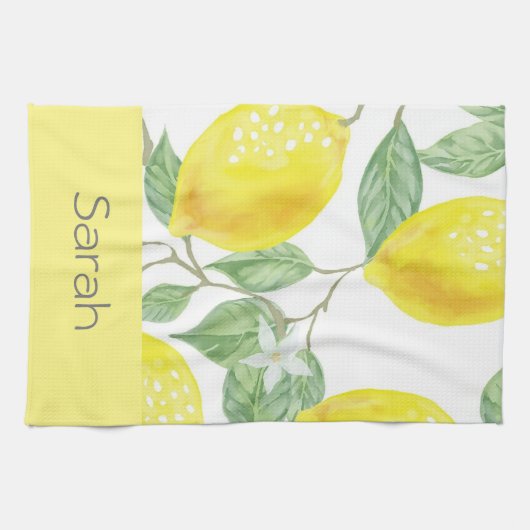 Eenvoudige Waterverf Lemon laat Geel Monogrammen Theedoek (Horizontaal)