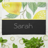 Eenvoudige Waterverf Lemon laat zwarte monogrammen Theedoek (Gevouwen)