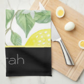 Eenvoudige Waterverf Lemon laat zwarte monogrammen Theedoek (Quarter Fold)