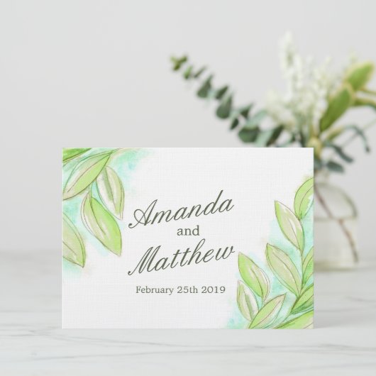 Eenvoudige waterverf lente verlaat bruiloft uitnod kaart (Staand voorkant)