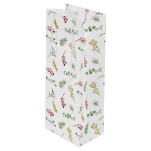 Eenvoudige Waterverf met gouden wintergroen kerstf Wijn Cadeautas