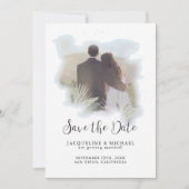 Eenvoudige Waterverf Modern Script Palm Foto blauw Save The Date (Voorkant)