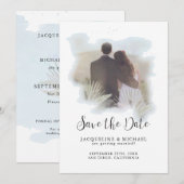Eenvoudige Waterverf Modern Script Palm Foto blauw Save The Date (Voorkant / Achterkant)