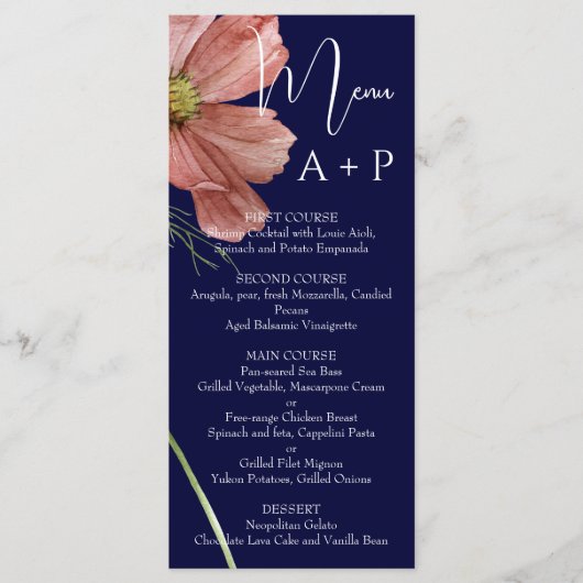 Eenvoudige Waterverf Navy Floral Wedding Menu (Voorkant)