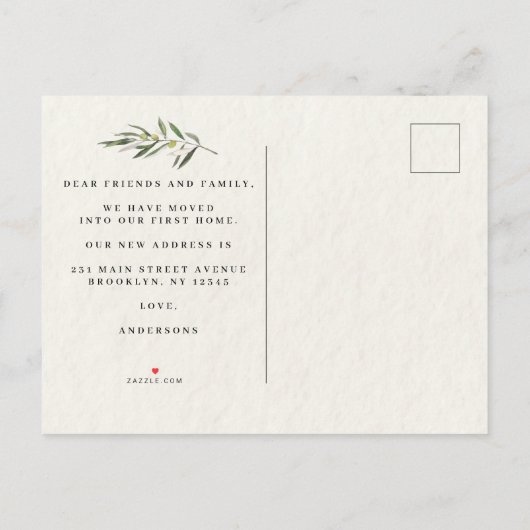 Eenvoudige waterverf olijfgroene tak aankondigingskaart (Achterkant)