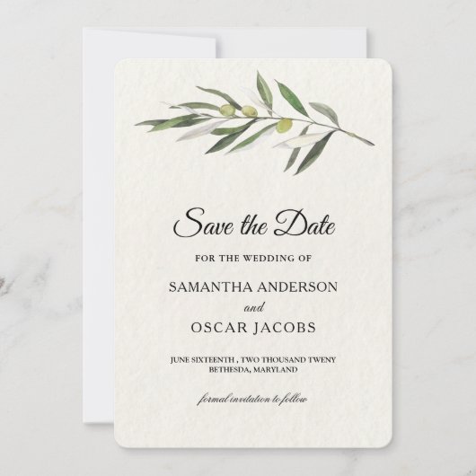 Eenvoudige waterverf olijfgroene tak save the date (Voorkant)