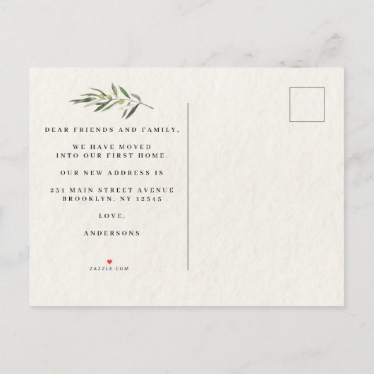 Eenvoudige Waterverf Olive Green Branch Aankondigingskaart (Achterkant)