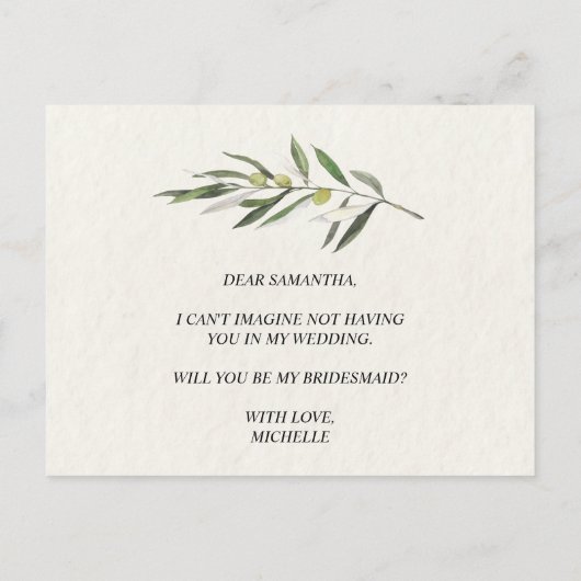 Eenvoudige Waterverf Olive Green Branch Uitnodiging Briefkaart (Achterkant)