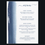 Eenvoudige Waterverf penseelpenseelmarter Blue Wed Menu<br><div class="desc">Moderne en creatieve trouwmenu met een eenvoudig design met een blauw kunstwerk van de marine aan de linkerkant. Bij de bovenkant is de titel,  "menu"in een handgeschreven manuscript met gewassen en uw cursusbeschrijvingen in een sans serif doopvont,  over een witte achtergrond. De achterkant is een overeenkomende schaduw van marinesblauw.</div>