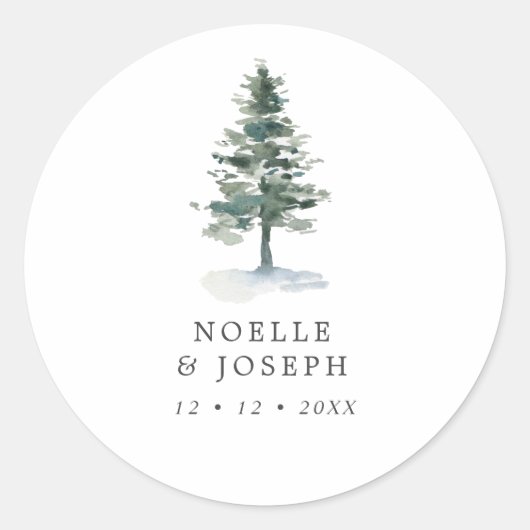 Eenvoudige Waterverf Pine Tree Wedding Ronde Sticker (Voorkant)