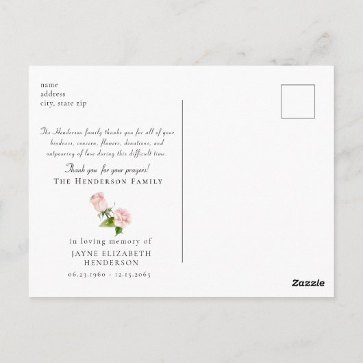 Eenvoudige Waterverf Pink Roses begrafenis Dank u Briefkaart (Achterkant)