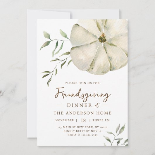 Eenvoudige Waterverf pompoen Friendsgiving Diner Kaart (Voorkant)