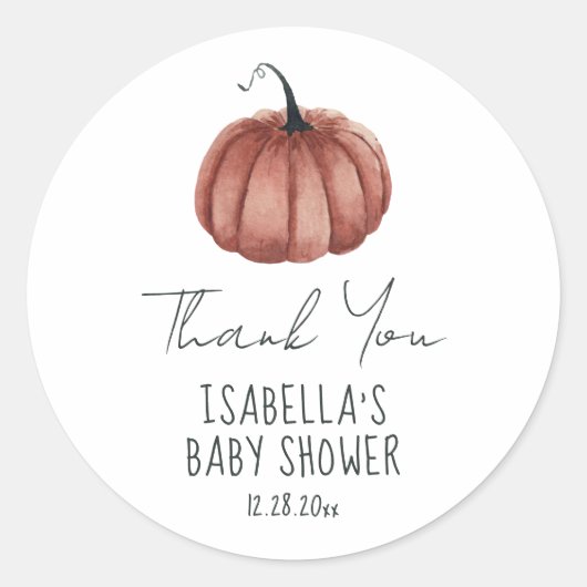 Eenvoudige Waterverf Pumpkin Dank u Baby shower Ronde Sticker (Voorkant)
