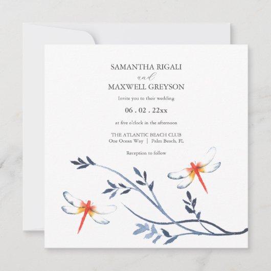 Eenvoudige Waterverf Rode libel bruiloft uitnodige Kaart (Voorkant)