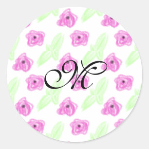 Eenvoudige waterverf roze bloem groene bladmonogra ronde sticker