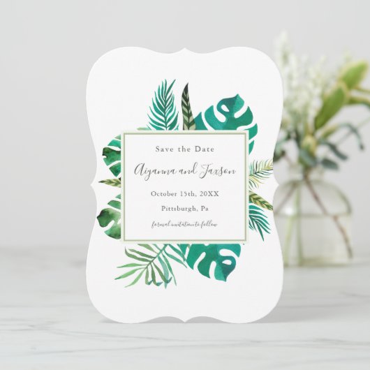 Eenvoudige Waterverf Tropische bladeren Bruiloft Save The Date (Staand voorkant)