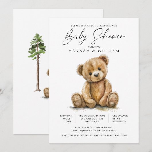 Eenvoudige Waterverf Weinig Beer Baby shower Kaart (Voorkant / Achterkant)