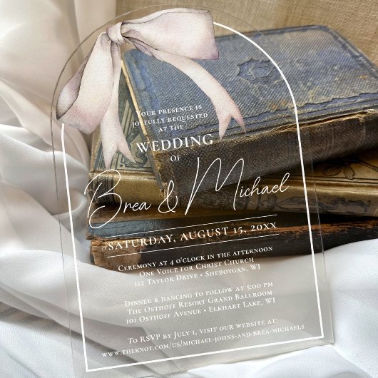 Eenvoudige Waterverf White Bow Elegant Arch Weddin Acryl Uitnodigingen