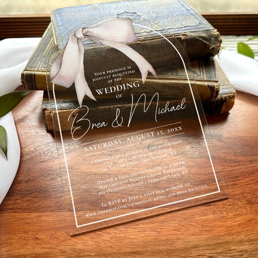 Eenvoudige Waterverf White Bow Elegant Arch Weddin Acryl Uitnodigingen