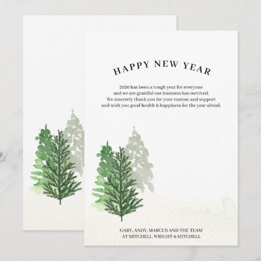 Eenvoudige Waterverf Winter Forest Happy Nieuwjaar Feestdagenkaart (Voorkant / Achterkant)