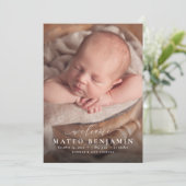 Eenvoudige, welkome, blauwe foto-geboorte aankondiging (Staand voorkant)