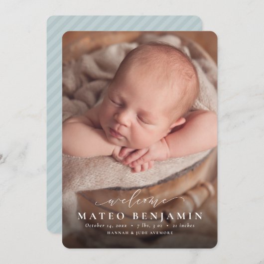 Eenvoudige, welkome, blauwe foto-geboorte aankondiging (Voorkant / Achterkant)