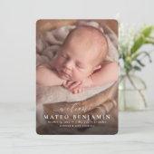 Eenvoudige, welkome, blauwe foto-geboorte aankondiging (Staand voorkant)