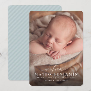 Eenvoudige, welkome, blauwe foto-geboorte aankondiging