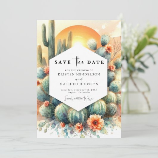 Eenvoudige Westerne Cactus bruiloft Save The Date (Staand voorkant)