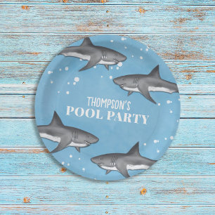 Eenvoudige whimsical Pool Party Sharks Blue Ocean Papieren Bordje