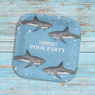 Eenvoudige whimsical Pool Party Sharks Blue Ocean Papieren Bordje