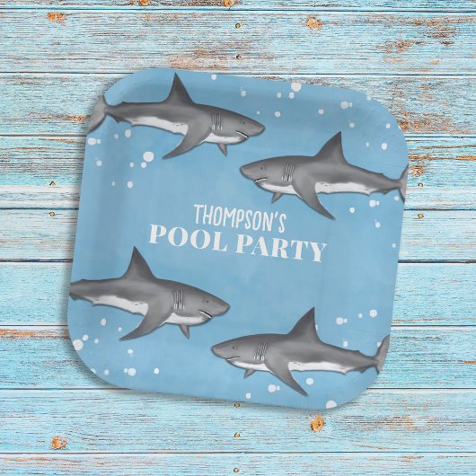 Eenvoudige whimsical Pool Party Sharks Blue Ocean Papieren Bordje