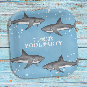 Eenvoudige whimsical Pool Party Sharks Blue Ocean Papieren Bordje
