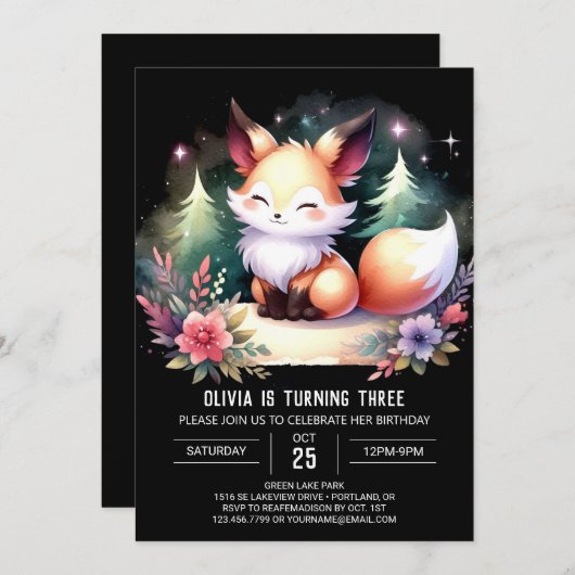 Eenvoudige Whimsy Fox Verjaardag digitaal Kaart (Voorkant / Achterkant)