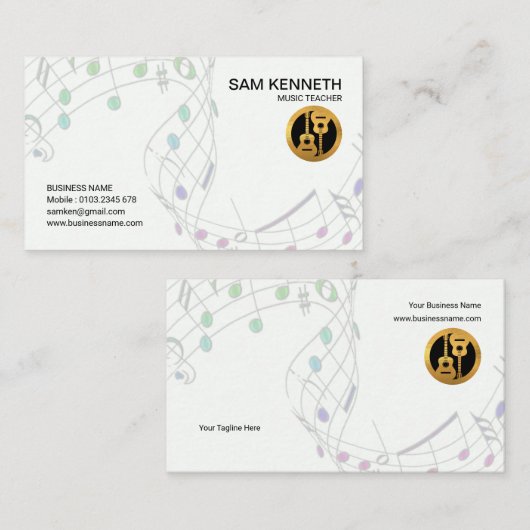 Eenvoudige White Floating Musical Notes Music Teac Visitekaartje (Voorkant / Achterkant)