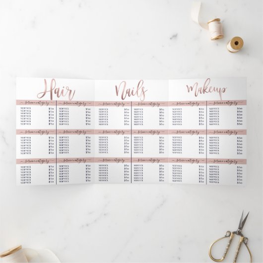 Eenvoudige White Rose Gold Logo Salon Spa prijslij Drieluik Uitnodiging (Binnen)