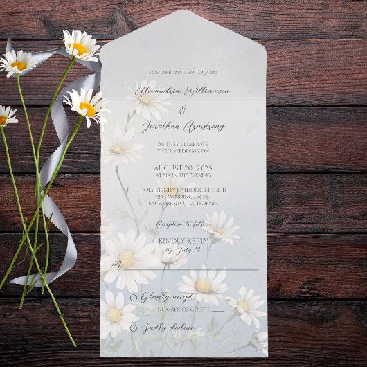 Eenvoudige Wild Daisies op Bord Grijs Blauw All In One Uitnodiging