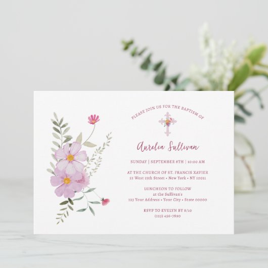 Eenvoudige Wildbloemen Boeket Doop Kaart (Staand voorkant)