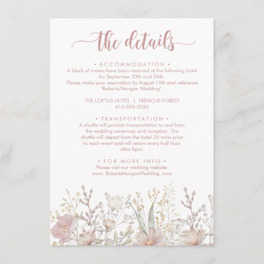 Eenvoudige Wildbloemen Boho Bruiloft Details Informatiekaartje (Voorkant)