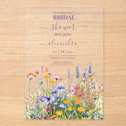 Eenvoudige Wildbloemen Botanische Tuin Vrijgezelle Acryl Uitnodigingen (Voorkant)